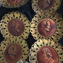 Vtg Brass/ Copper Set Wall Plate Set of 6 Influential Classical Composers
