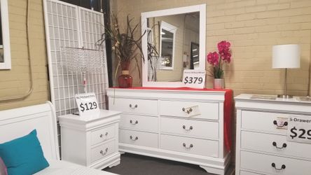 Brand new white twin bedframe + dresser + mirror + nightstand 4PCs bedroom set