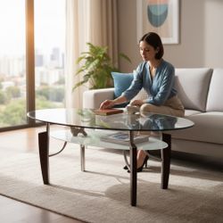Oval glass table with storage shelf and end glass table. Color Cappuccino and chrome