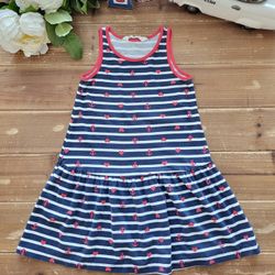 4T-6X SLEEVELESS NAVY & WHITE STRIPED RED TRIM DROP-WAIST JERSEY  DRESS 