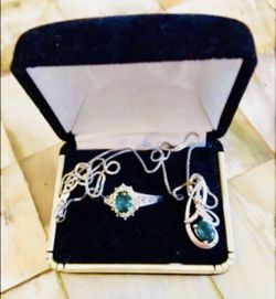 Emerald and diamond pendant necklace and ring set