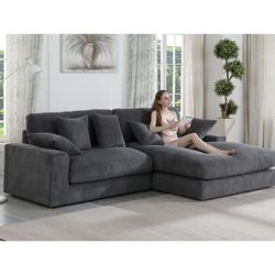 105"W Dark Gray Corduroy Reversible Sectional Sofa Chaise