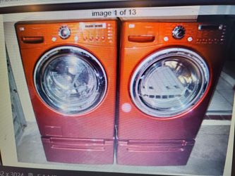 LG RED STEAM WASHER AND GAS OR ELECTRIC DRYER SUPERCAPACITY WITH PEDESTALS