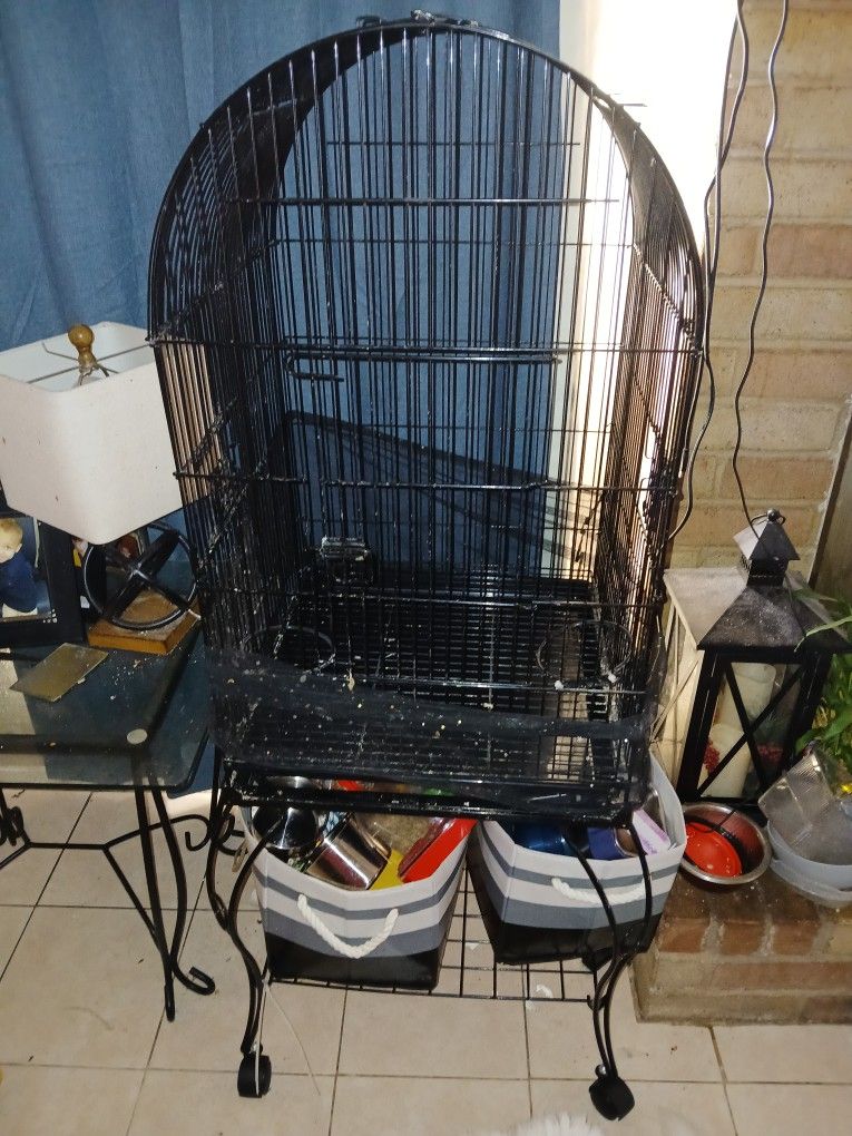 Bird Cage With Bowls Food And Snacks And Other