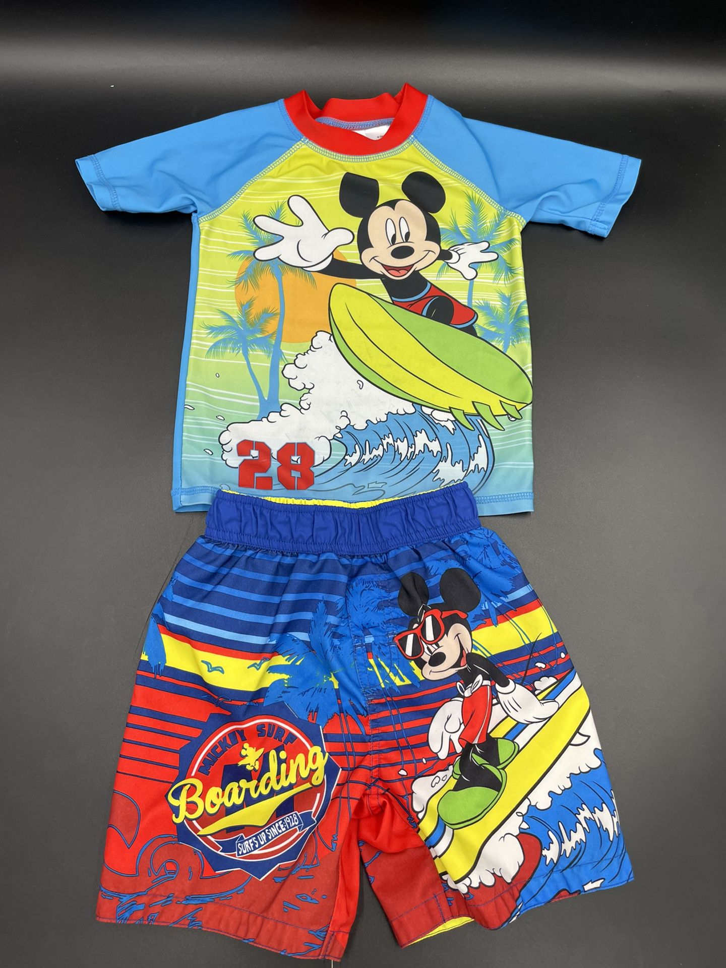 Disney 3T Boys Mickey Mouse Surf Board Swim Shirt And Trunks 