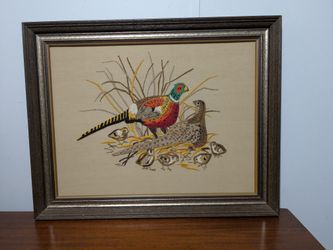 Framed Cross Stitch Pheasants 22.5 x 28.5 Inches