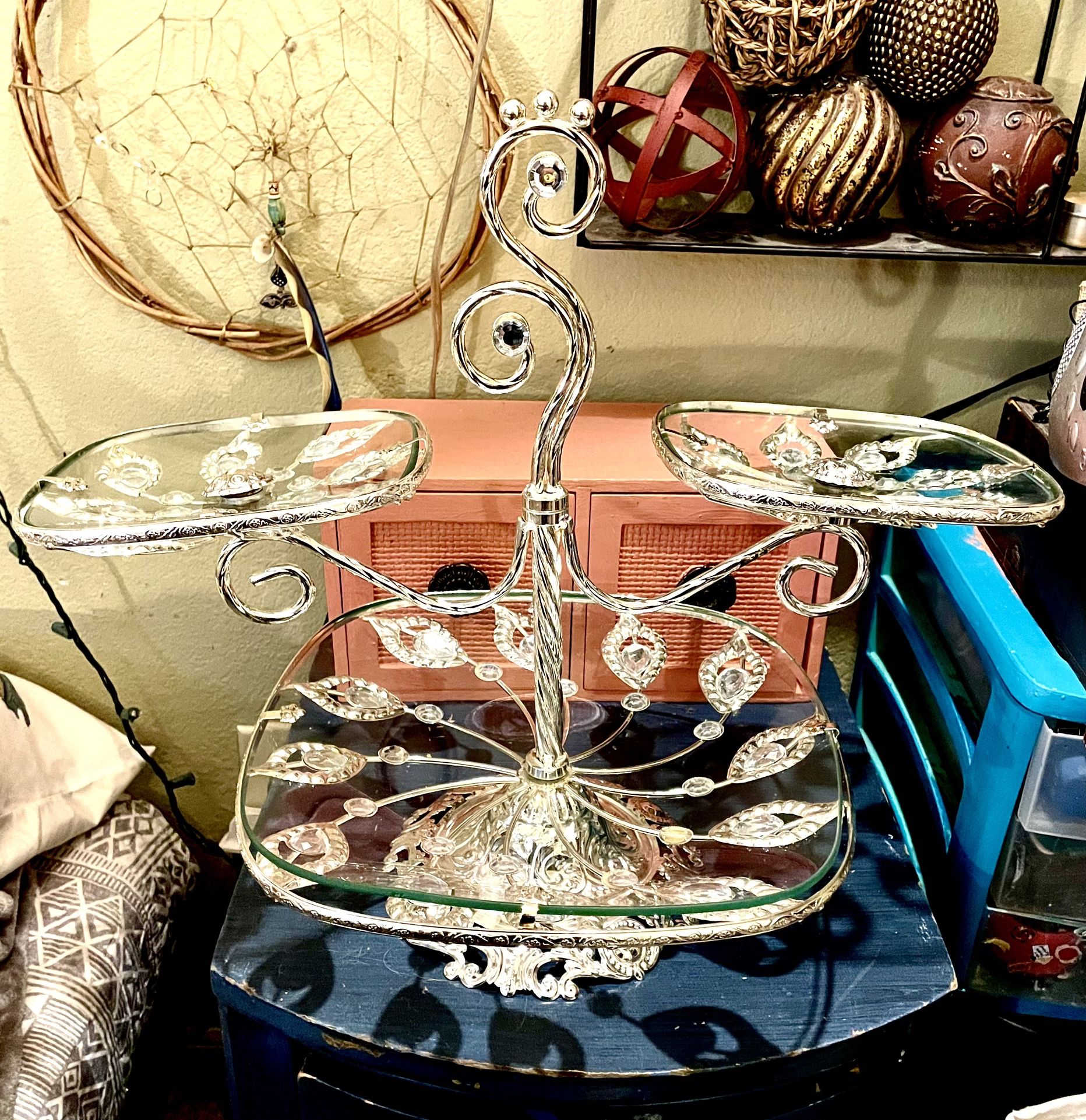 Glass/Silvertone Two-Tiered Serving Tray