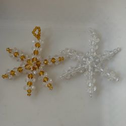 Set of 2 Handcrafted Beaded Snowflake Christmas Ornaments 4” Clear & Amber
