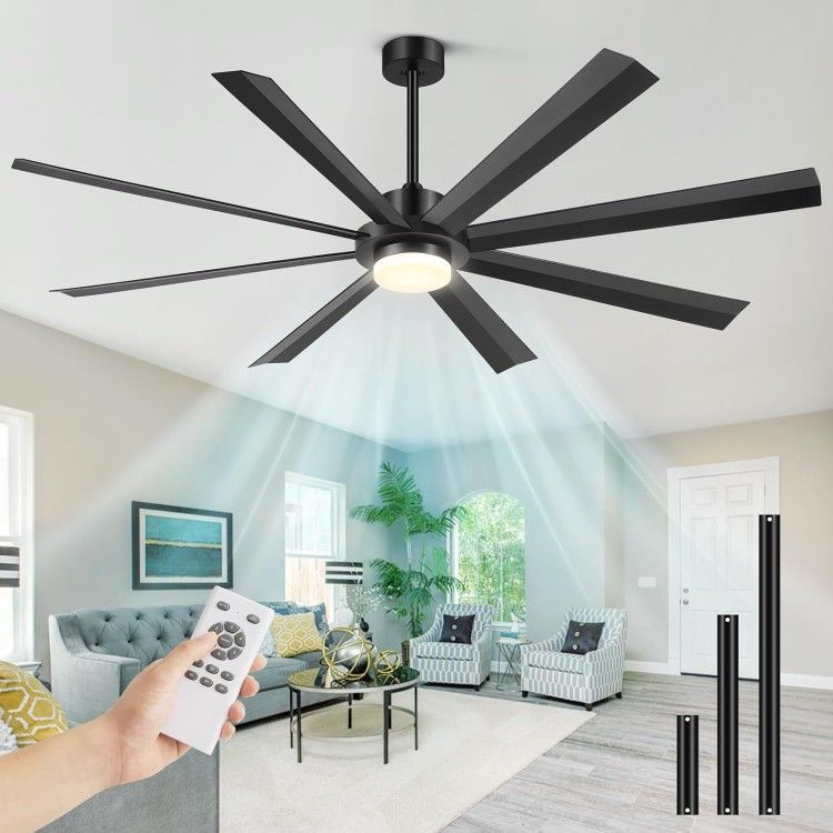 72 Inch Ceiling Fans with Lights and Remote, Large Ceiling Fan Light Outdoor, USA Original Patent, 3 Downrods, 8 ABS Blades and 6 Speed Black Industri