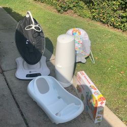 Baby Swing, Baby Tub, Two Bouncers, a diaper trashcan and baby clothes