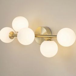New 27” W 5-Light Dimmable LED Wall Sconce Semi-Flush Mount Fixture with Milk Glass, Gold Brushed 
