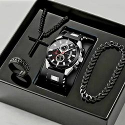 4-Pcs Stylish High-End Men's Quartz Wrist Watch W/Date Display & Metal accents, Cross Pendant+Bracelet+Ring