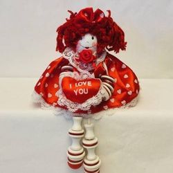 Shelf sitter doll button arms legs I Love You hearts red yarn hair Valentine’s Day