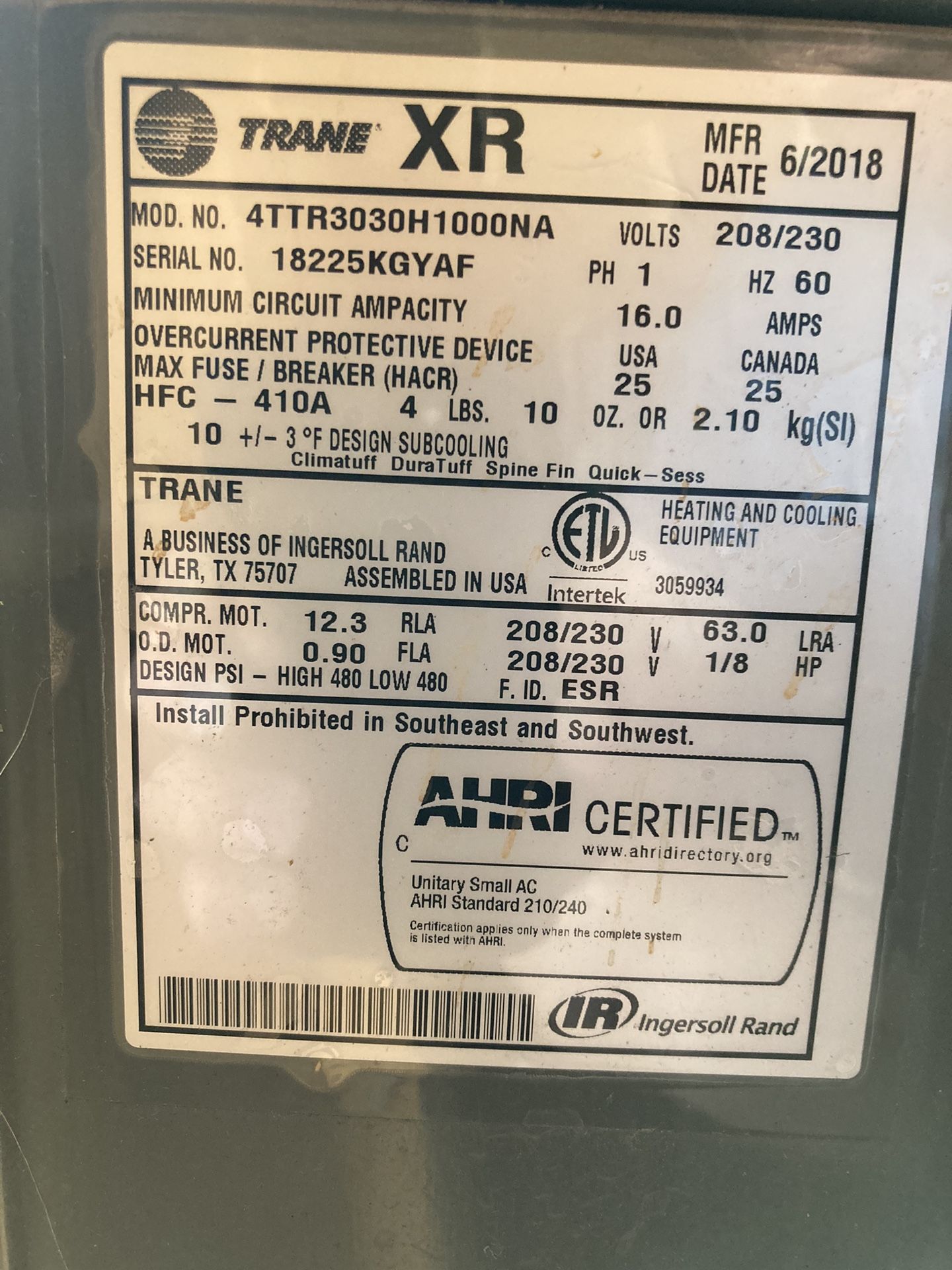 trane xr model 4ttr3030h1000na