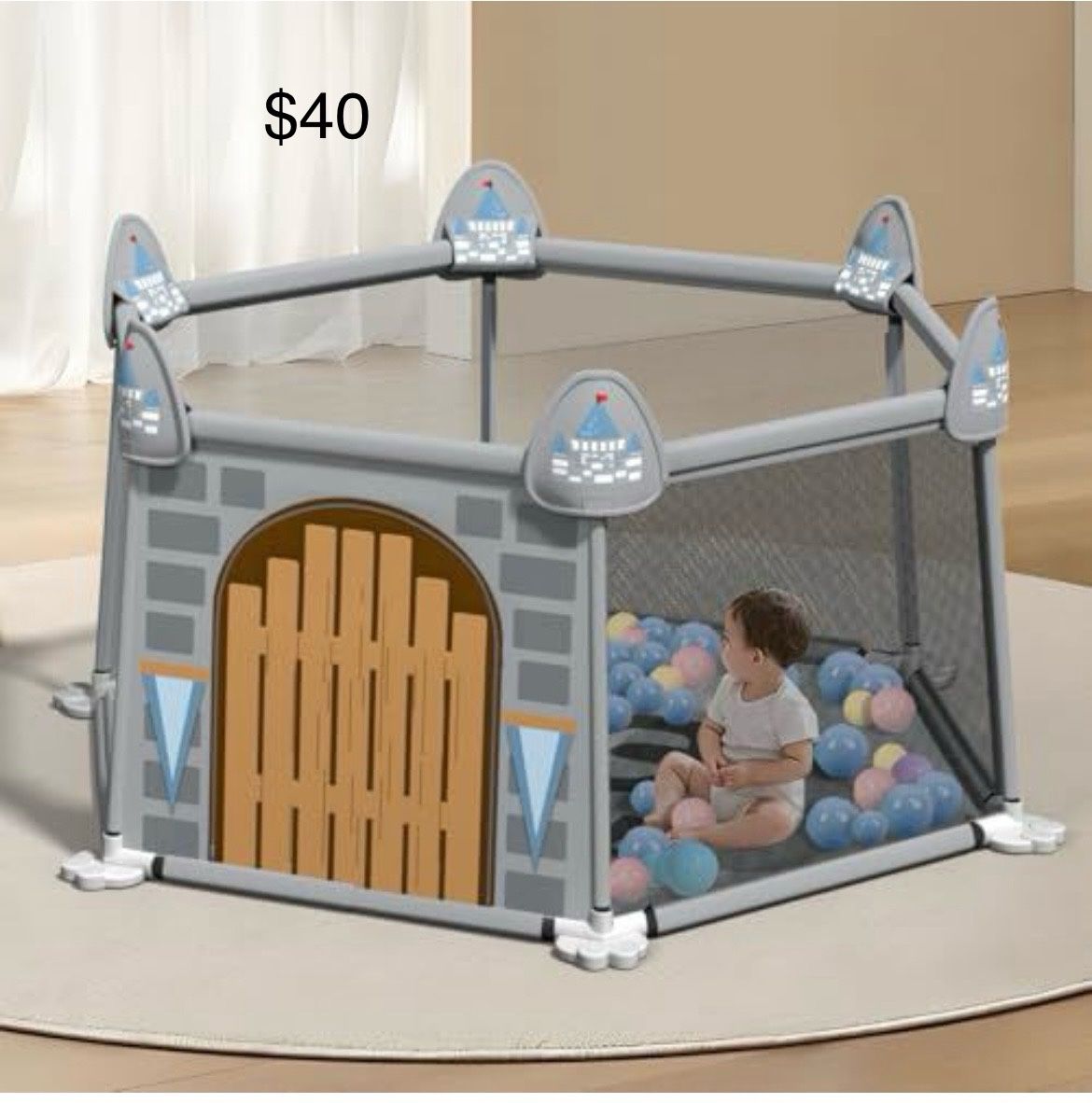 MFINE Baby Playpen,Baby Castle Play Pens for Babies and Toddlers,Kids Play Pin,Visible Play Yard with Gate,Soft Breathable Mesh,Gray,Diameter 51 in