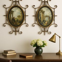 Vintage 1970s 2 Panini Capriccio Wall Art Prints In Ornate Metal Frames, 20x28”