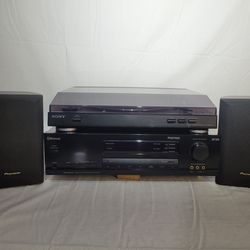Stereo System w/Stack of Vinyl Records