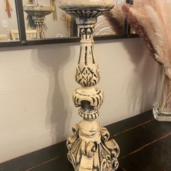 Distressed Shabby Chic Ornate Carved Pillar Candle Holder