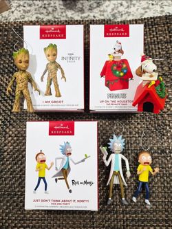 Hallmark Keepsake Ornaments
 Lot (Peanuts, Rick & Morty, Marvel Groot)