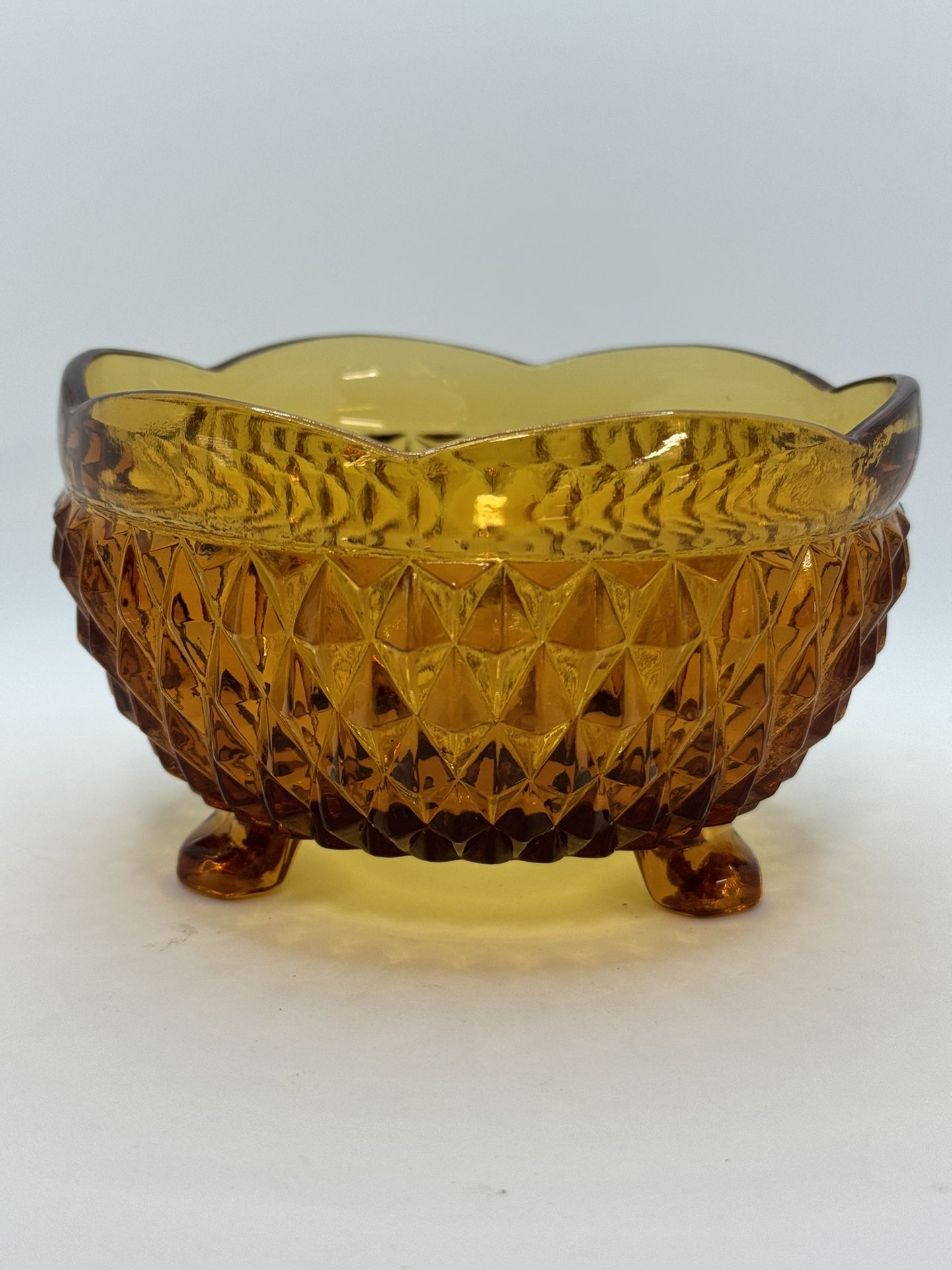 Vintage Indiana Diamond Point Amber 3 Footed Scalloped Edges Bowl/Candy Dish