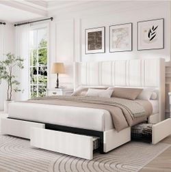 Queen Size Bed Frame with 4 Storage Drawers and Wingback Headboard Linen Upholstered Platform Bed Frame with Wooden Slats ONLY