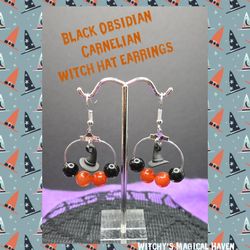 Halloween Carnelian and Black Obsidian Beads with Witch Hat Charm Earrings