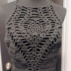 Festival Crochet Pineapple Crop Top Two Toned Black and Smokey Grey