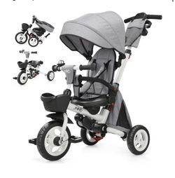 JMMD 8 in 1 Tricycle Stroller with Push Handle, Foldable Trike with 360° Swivel Seat, Reclining