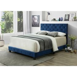 Full Size Upholstered Bed Frame – Blue Velvet