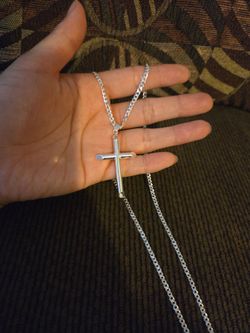 925 Solid Sterling Silver Cuban Link Chain Necklace & Cross Pendant for Men Women 22" Plata 925 Cadena & Dije de Cruz Unisex 22"