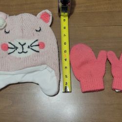 Toddler Small girl Hat Mitten Set Pink Kitten Cat Fleece Lined Crochet