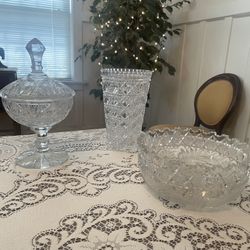 Crystal/ glass. Candy dish, bowl and vase. 20.00 each or all for 45.00