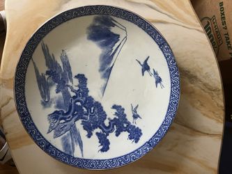 Antique Japanese Porcelain Igezara 18" Charger Plate Blue & White Mt. Fuji Art