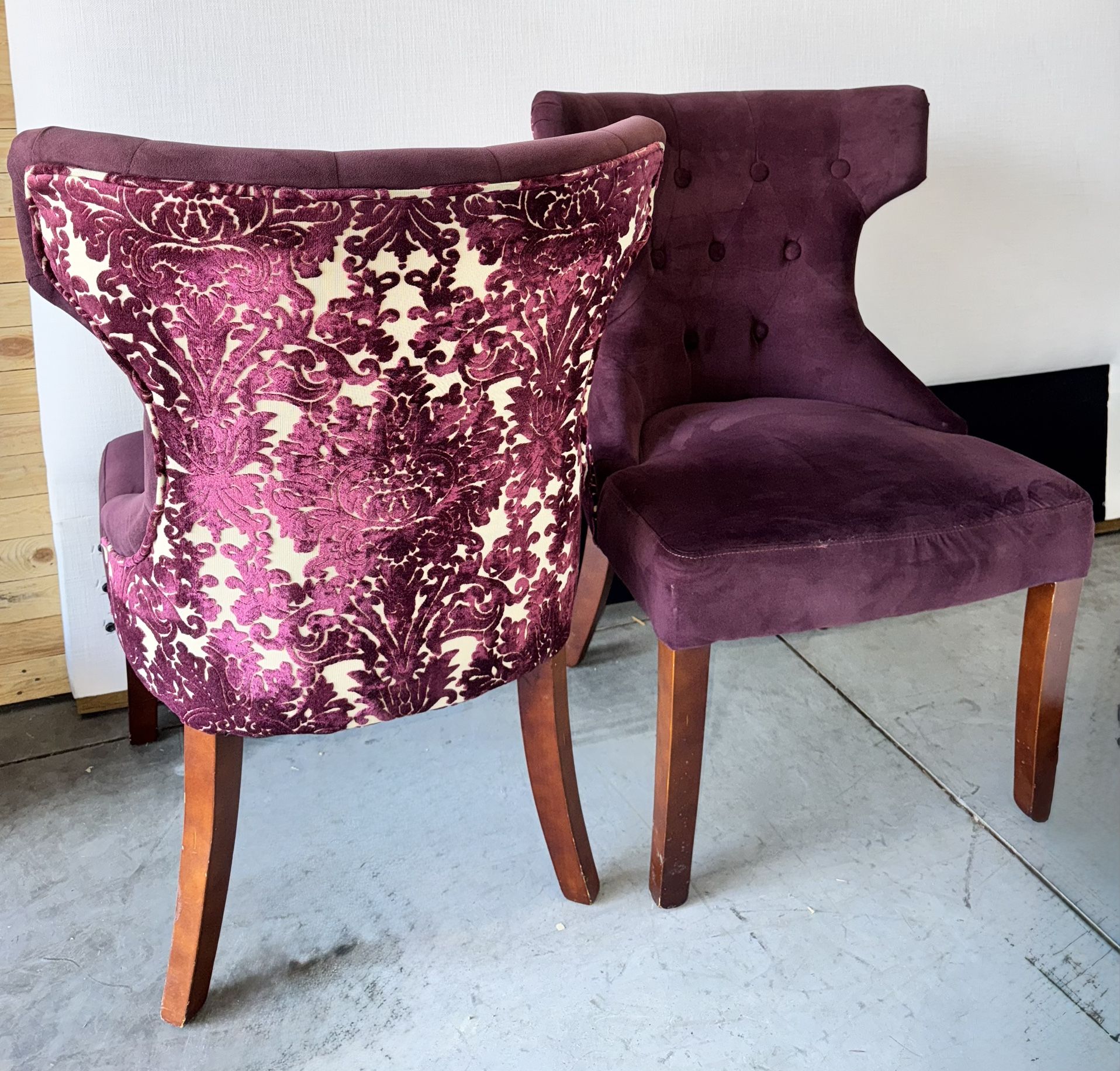 PIER 1 HOURGLASS TUFTED PURPLE VELVET ACCENT CHAIRS SET