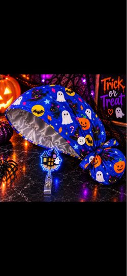 Halloween Print Scrub Cap with Badge Reel
