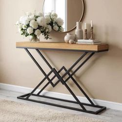 Solid Wood Console Table, 47.2" Industrial Entryway Table with Geometric Metal Frame