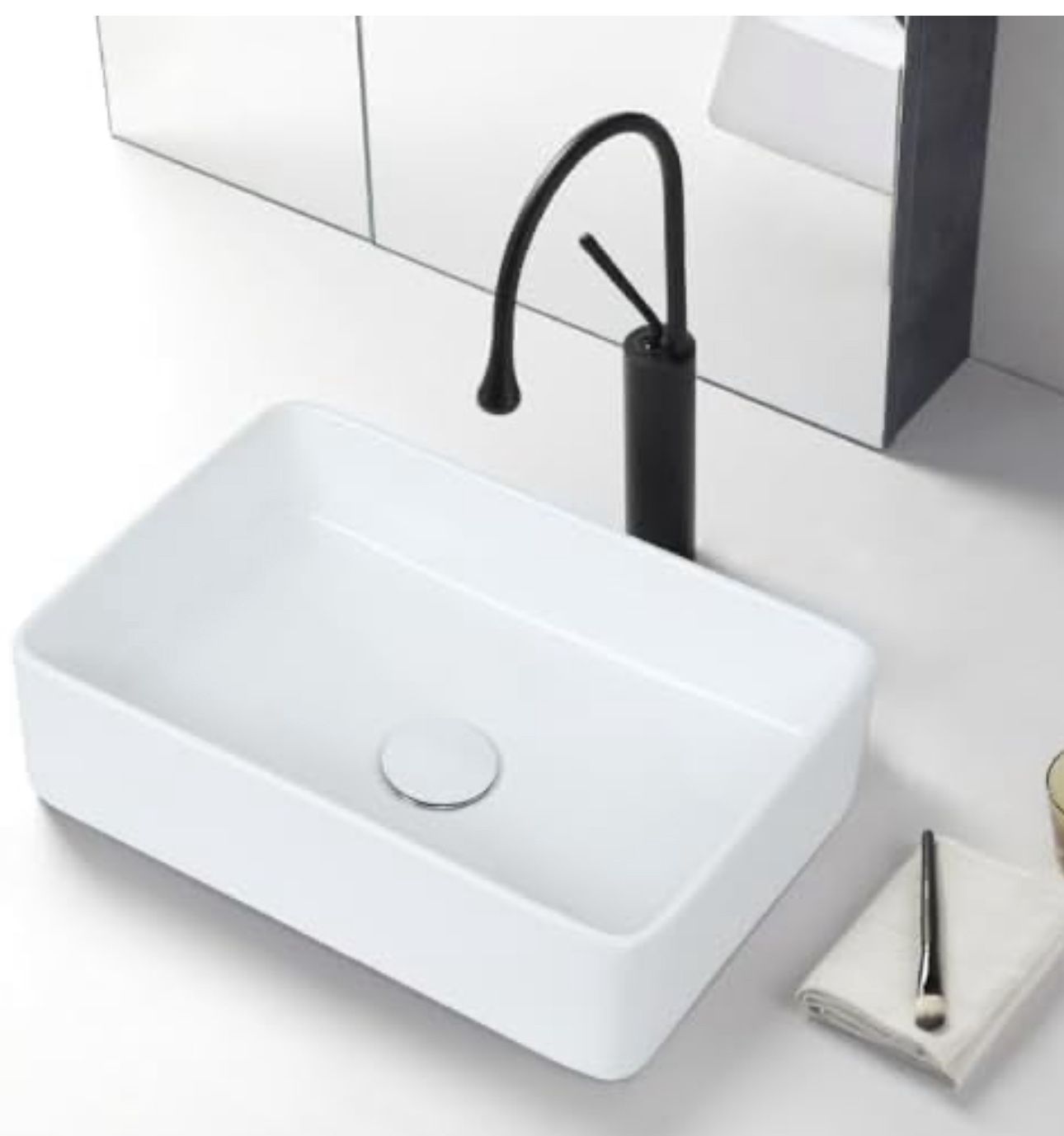 Bathivy 15.8"x11" Rectangular White Ceramic Sink with Pop Up Drain, Above Counter Vessel Sink for Bathrooms