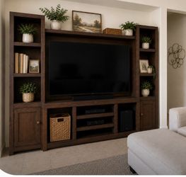 Large Dark Wood Entertainment Center with Bookshelves