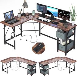 SZXKT L Shaped Desk with Power Outlets,66 inch Corner Computer Desk with Drawers,Gaming Desk Home Office Writing Study Table Reversible L Desk with St