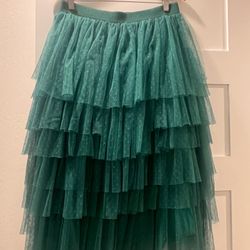 Anthropologie Cheri Ruffle Tulle Midi Skirt Lined Elastic Waist Green Size L NWT