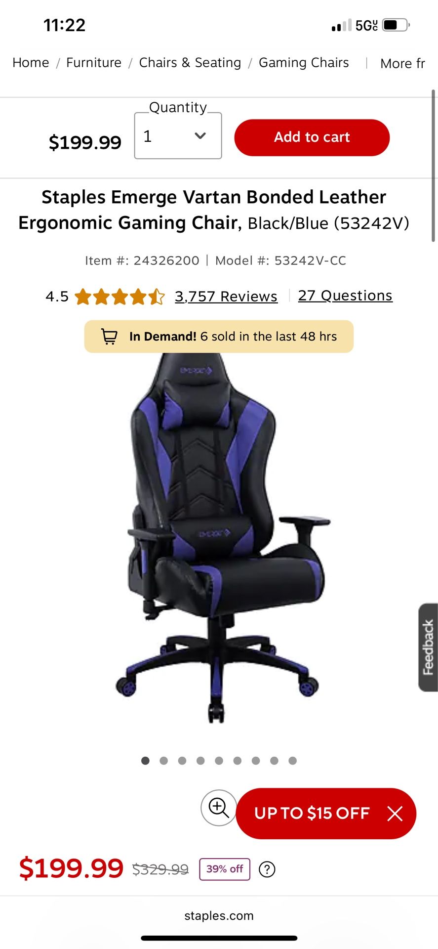 Staples Emerge Vartan Bonded Leather Ergonomic Gaming Chair