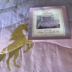 KIDS RULE UNICORN GOLD METALLIC PINK/PURPLE OMBRE REVERSIBLE TWIN QUILT SHAM SET