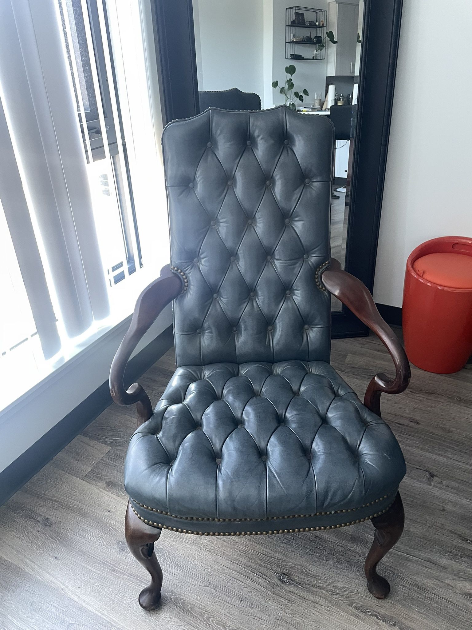 Vintage Blue And Brass Studded Lounge Chair With Real Carved Wood Legs And Armrest