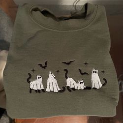 Halloween Ghost Cat Embroidered Crewneck Sweatshirt