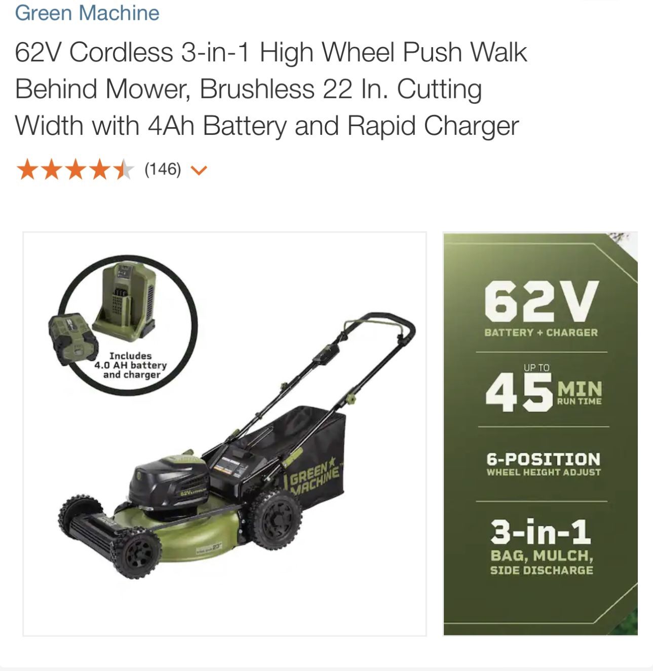 Reviews for Green Machine 62V Cordless 3-in-1 High Wheel Push Walk