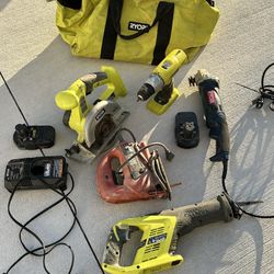 Ryobi 18V Tool Lot + 2 Batteries/Charger + Bag + Corded Grinder + Jigsaw (USED)