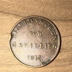 Denmark 1815 Copper 4 Skilling Bank Token. Frederick VI