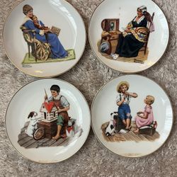 1982 Norman Rockwell Coffee Mugs And Small Plates w/Gold Trim Set Of 4