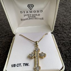 Diamond 24kt Gold Over Sterling Silver Cross Necklace 1/8 Ct..