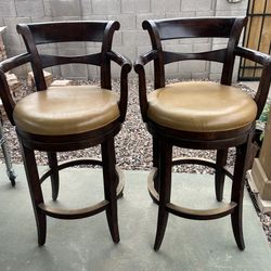 2  SWIVEL 30” Bar Stools- Mahogany Colored  Wood  & Leather .  